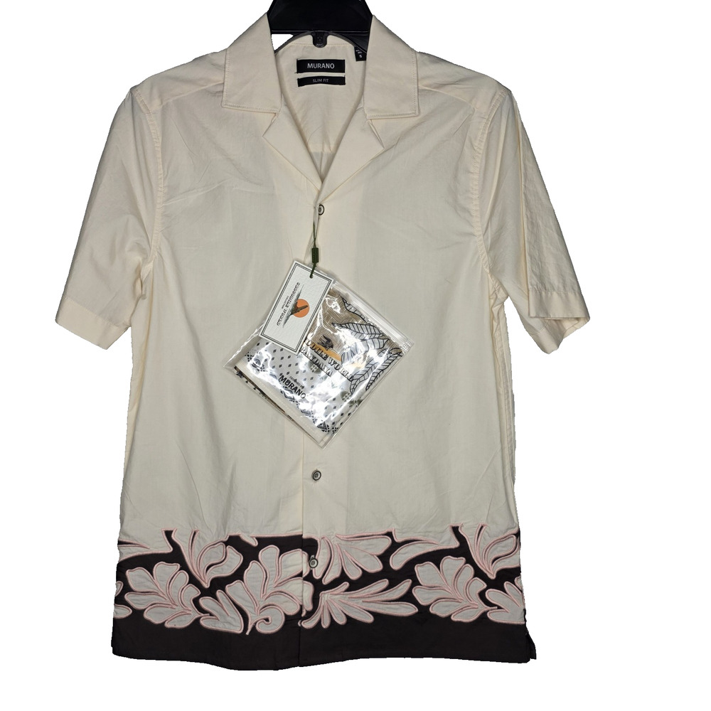 Murano Casual Mens Small Short Sleeve Shirt Button Cream Brown Camp Bandana